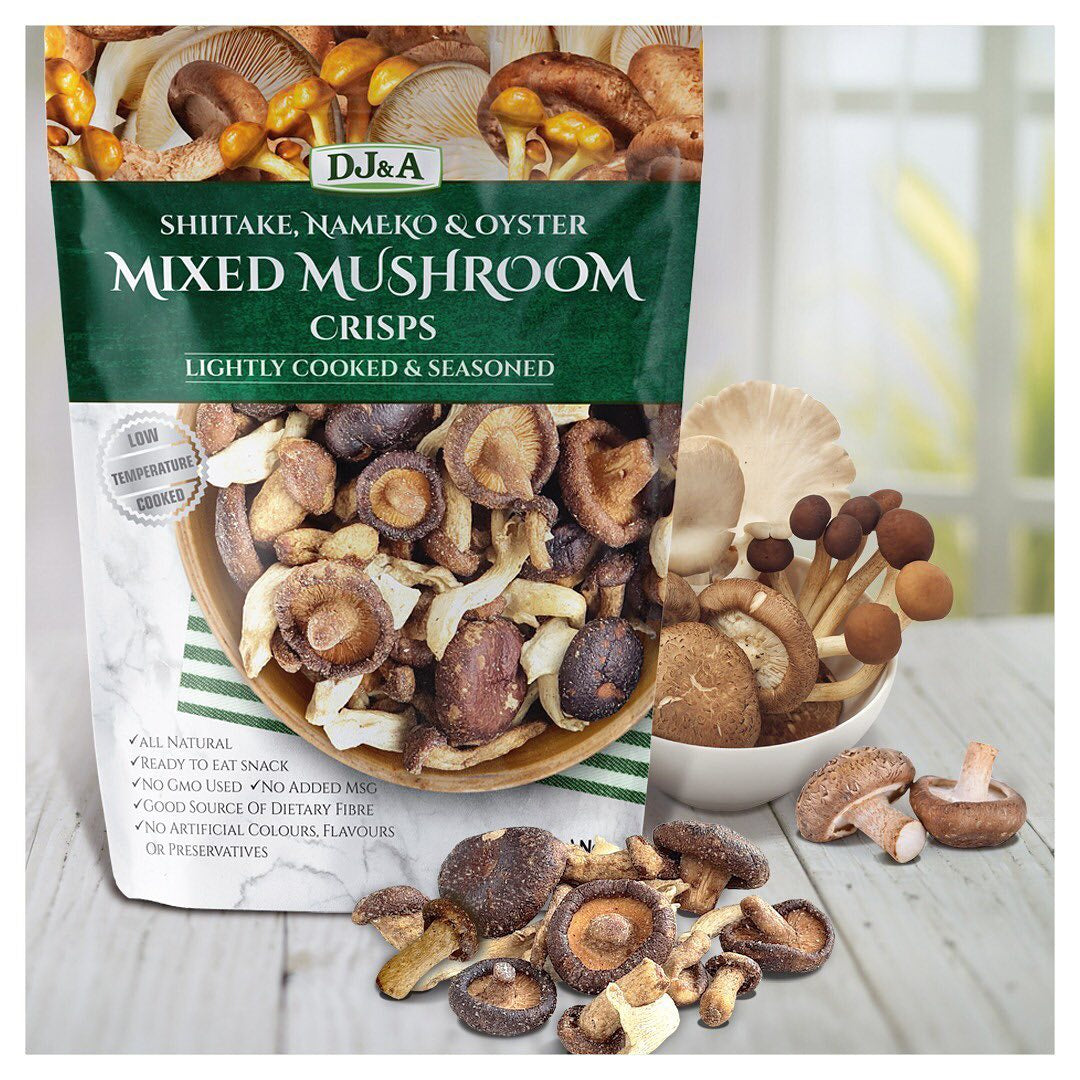 DJA Shiitake, Nameko Oyster Mixed Mushroom Crisps 30g – Vegan Grocery Store DJ&A MIXED MUSHROOM CRISPS
